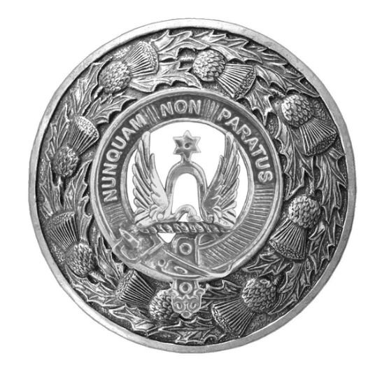 Image 1 of Johnston Clan Crest Thistle Round Stylish Pewter Clan Badge Plaid Brooch