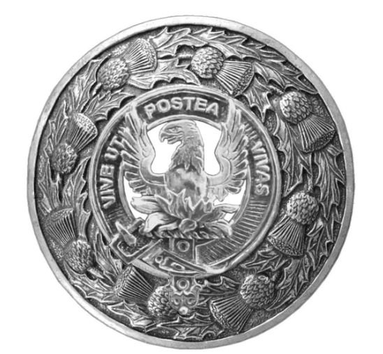 Image 1 of Johnston Caskieben Crest Thistle Round Stylish Pewter Clan Badge Plaid Brooch