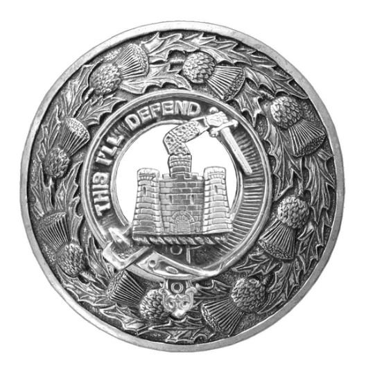 Image 1 of Kincaid Clan Crest Thistle Round Stylish Pewter Clan Badge Plaid Brooch