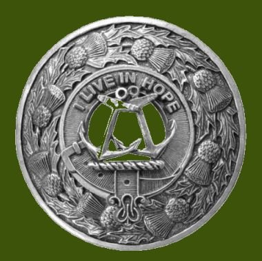 Image 0 of Kinnear Clan Crest Thistle Round Stylish Pewter Clan Badge Plaid Brooch