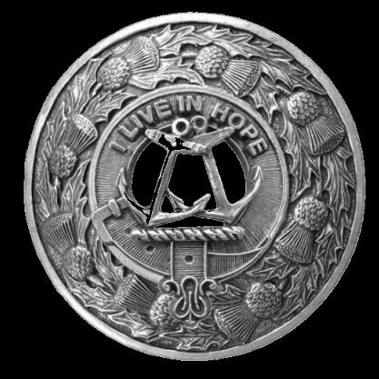 Image 0 of Kinnear Clan Crest Thistle Round Sterling Silver Clan Badge Plaid Brooch