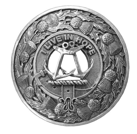 Image 1 of Kinnear Clan Crest Thistle Round Sterling Silver Clan Badge Plaid Brooch