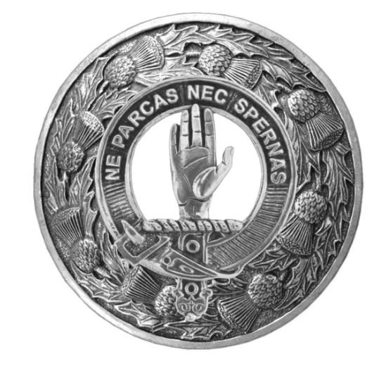 Image 1 of Lamont Clan Crest Thistle Round Sterling Silver Clan Badge Plaid Brooch