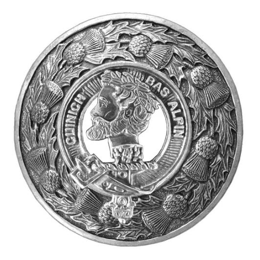 Image 1 of MacAlpine Clan Crest Thistle Round Stylish Pewter Clan Badge Plaid Brooch