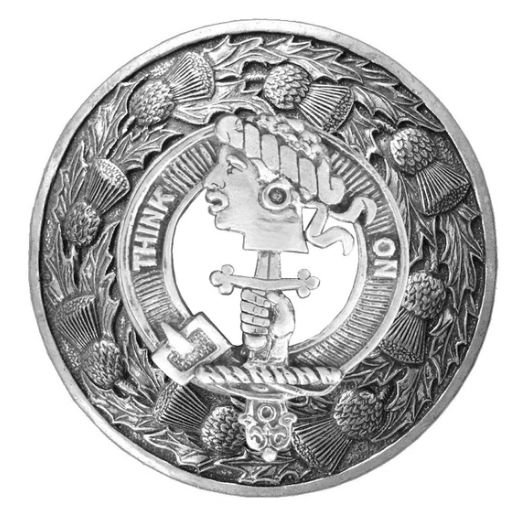 Image 1 of MacLellan Clan Crest Thistle Round Sterling Silver Clan Badge Plaid Brooch