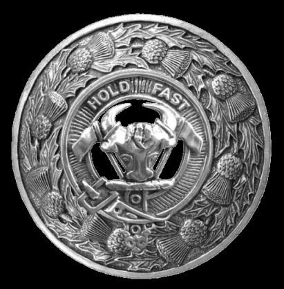 Image 0 of MacLeod Harris Clan Crest Thistle Round Sterling Silver Clan Badge Plaid Brooch