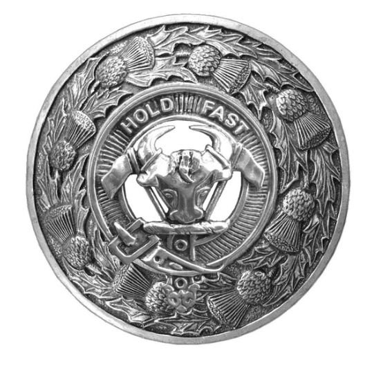 Image 1 of MacLeod Harris Clan Crest Thistle Round Sterling Silver Clan Badge Plaid Brooch