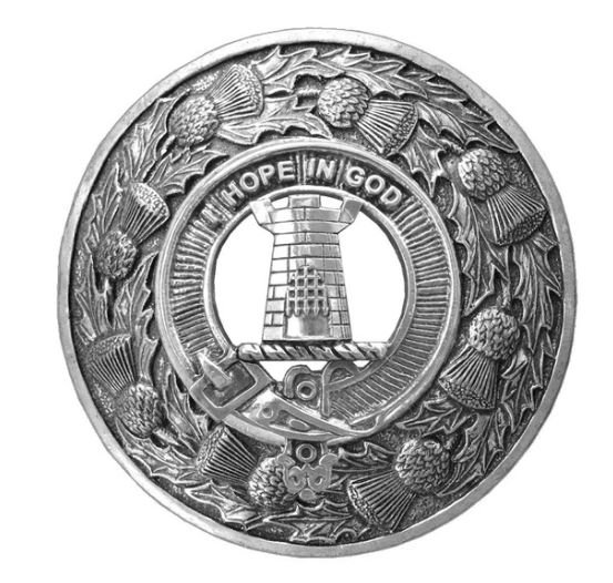 Image 1 of MacNaughton Clan Crest Thistle Round Stylish Pewter Clan Badge Plaid Brooch