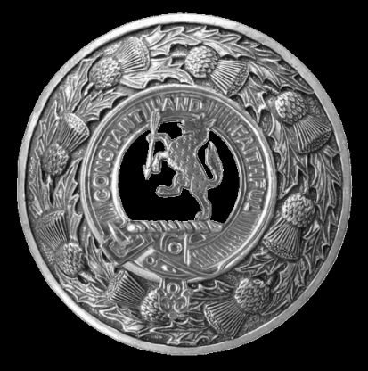 Image 0 of MacQueen Clan Crest Thistle Round Sterling Silver Clan Badge Plaid Brooch