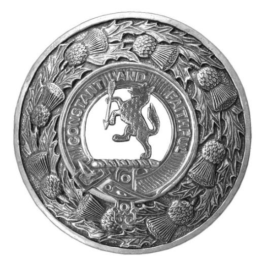 Image 1 of MacQueen Clan Crest Thistle Round Sterling Silver Clan Badge Plaid Brooch