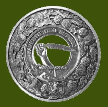 Image 0 of Mitchell Clan Crest Thistle Round Stylish Pewter Clan Badge Plaid Brooch