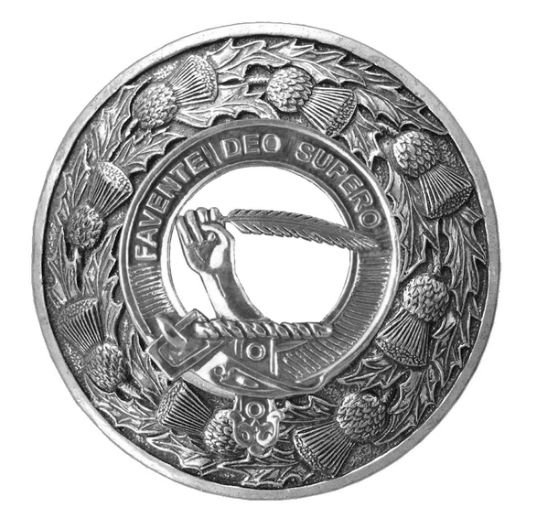 Image 1 of Mitchell Clan Crest Thistle Round Stylish Pewter Clan Badge Plaid Brooch