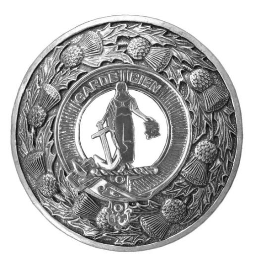Image 1 of Montgomery Clan Crest Thistle Round Sterling Silver Clan Badge Plaid Brooch