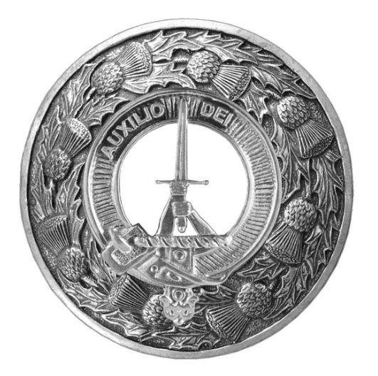 Image 1 of Muirhead Clan Crest Thistle Round Sterling Silver Clan Badge Plaid Brooch