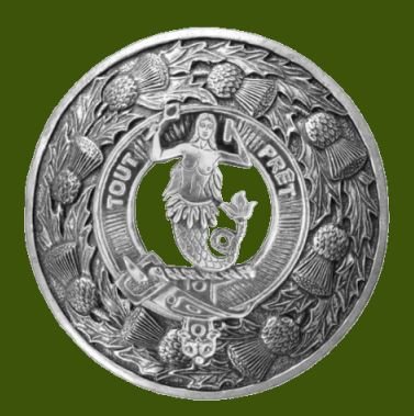 Image 0 of Murray Mermaid Clan Crest Thistle Round Stylish Pewter Clan Badge Plaid Brooch