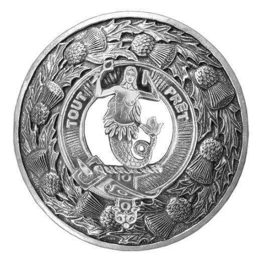 Image 1 of Murray Mermaid Clan Crest Thistle Round Stylish Pewter Clan Badge Plaid Brooch