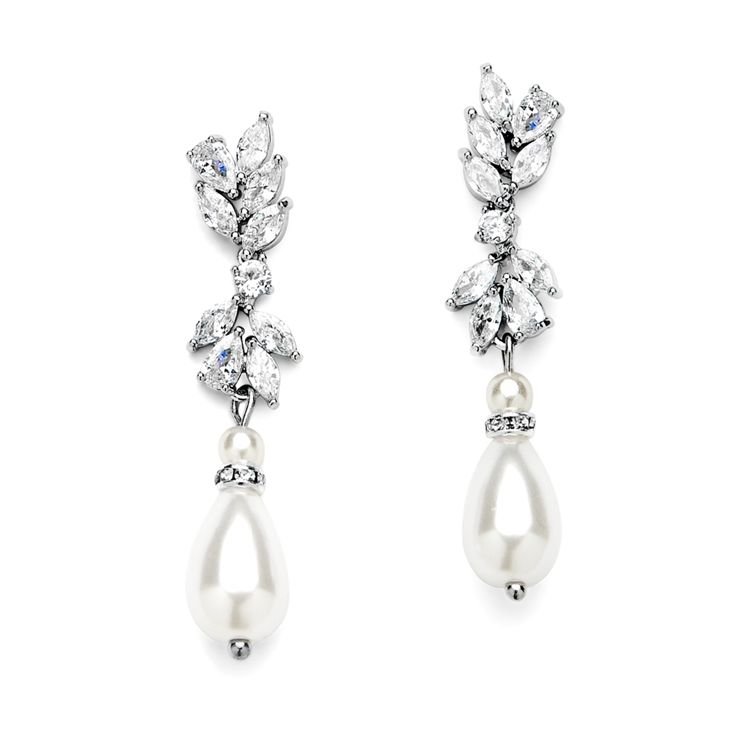 Image 1 of Cubic Zirconia Ivory Pearl Teardrop Silver Plated Earrings 