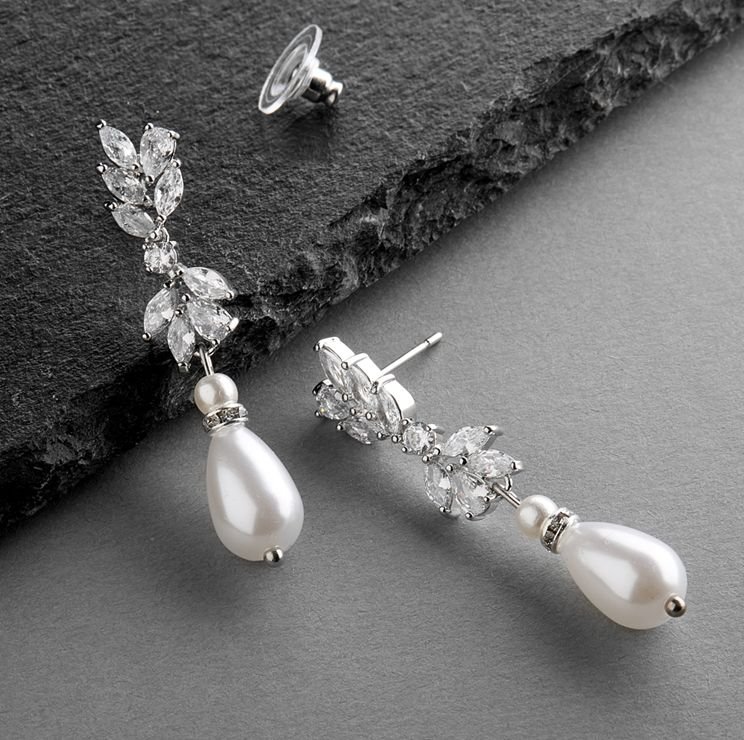 Image 2 of Cubic Zirconia Ivory Pearl Teardrop Silver Plated Earrings 