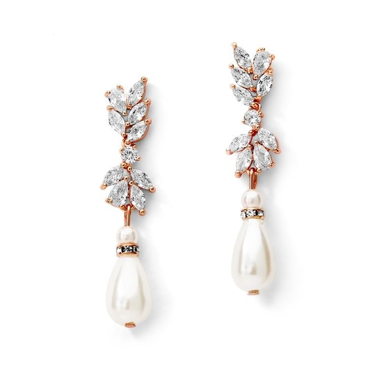 Image 1 of Cubic Zirconia Ivory Pearl Teardrop Rose Gold Plated Earrings 