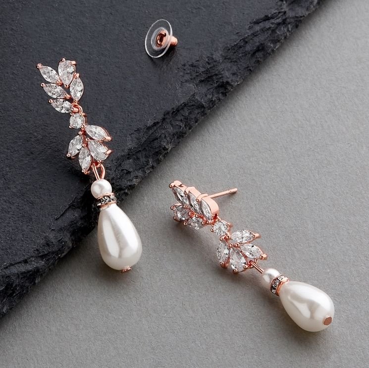 Image 2 of Cubic Zirconia Ivory Pearl Teardrop Rose Gold Plated Earrings 