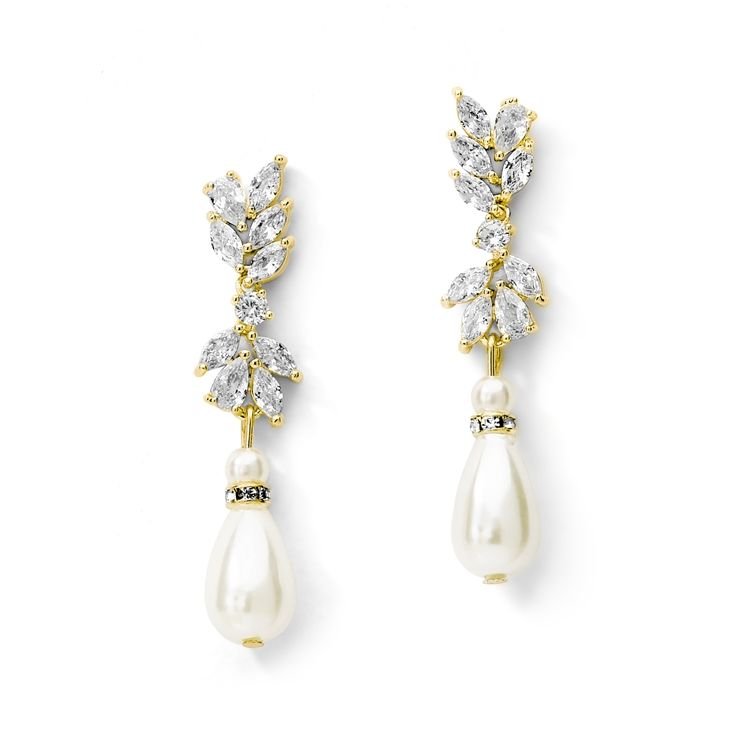 Image 1 of Cubic Zirconia Ivory Pearl Teardrop Yellow Gold Plated Earrings 