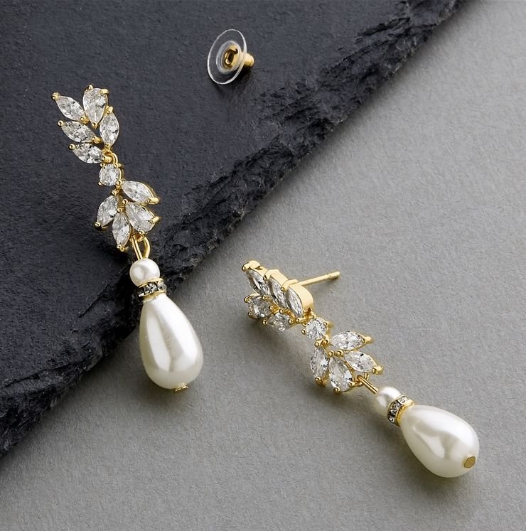Image 2 of Cubic Zirconia Ivory Pearl Teardrop Yellow Gold Plated Earrings 
