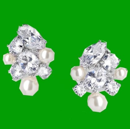 Image 0 of Cubic Zirconia Ivory Pearl Cluster Yellow Gold Plated Earrings 