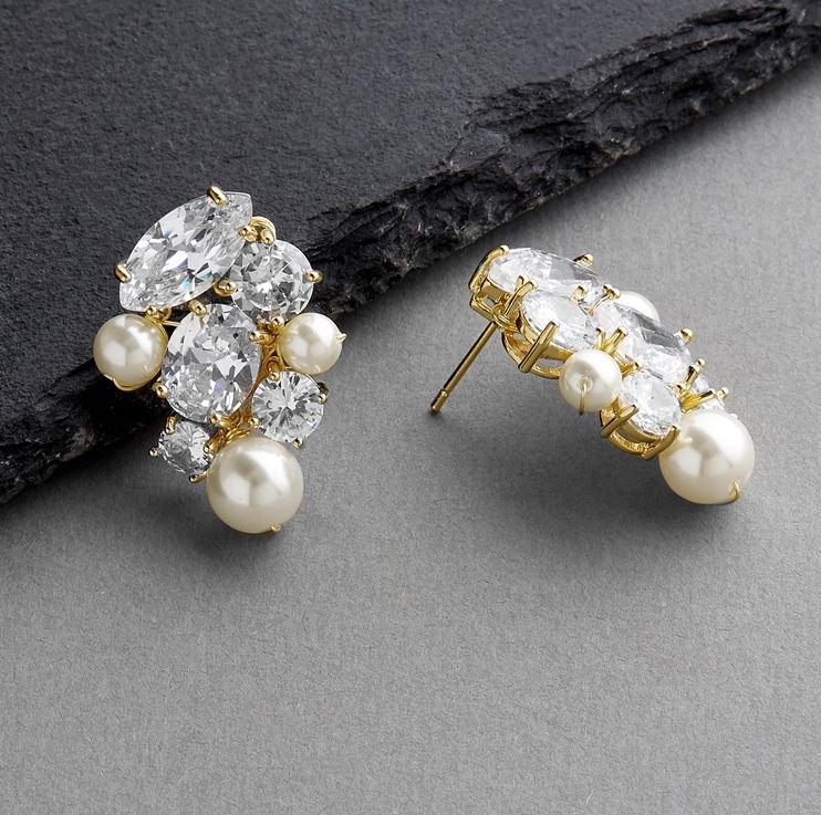 Image 2 of Cubic Zirconia Ivory Pearl Cluster Yellow Gold Plated Earrings 