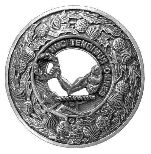 Image 1 of Paterson Clan Crest Thistle Round Sterling Silver Clan Badge Plaid Brooch