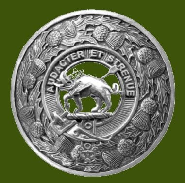 Image 0 of Pollock Clan Crest Thistle Round Stylish Pewter Clan Badge Plaid Brooch