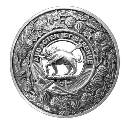 Image 1 of Pollock Clan Crest Thistle Round Sterling Silver Clan Badge Plaid Brooch