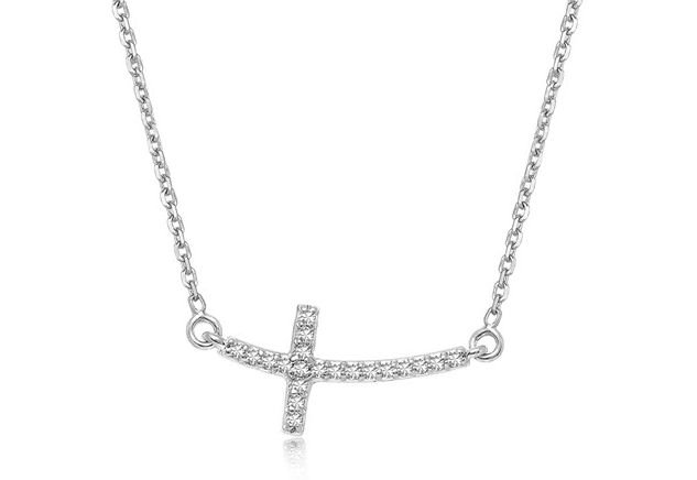 Image 1 of Horizontal Curved Cross White Diamond Small 14K White Gold Pendant
