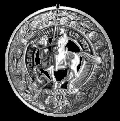 Image 0 of Thompson Clan Crest Thistle Round Sterling Silver Clan Badge Plaid Brooch