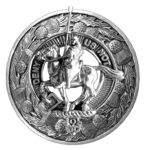 Image 1 of Thompson Clan Crest Thistle Round Sterling Silver Clan Badge Plaid Brooch