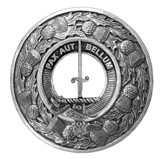 Image 1 of Blaine Clan Crest Thistle Round Stylish Pewter Clan Badge Plaid Brooch