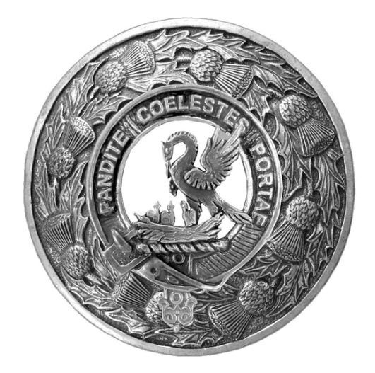 Image 1 of Gibson Clan Crest Thistle Round Stylish Pewter Clan Badge Plaid Brooch