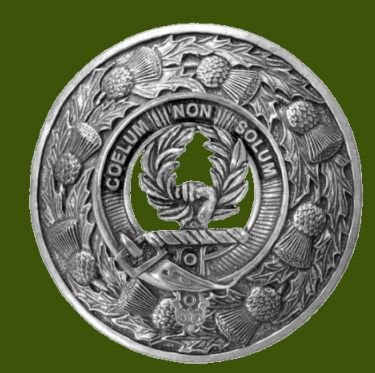 Image 0 of Stevenson Clan Crest Thistle Round Stylish Pewter Clan Badge Plaid Brooch