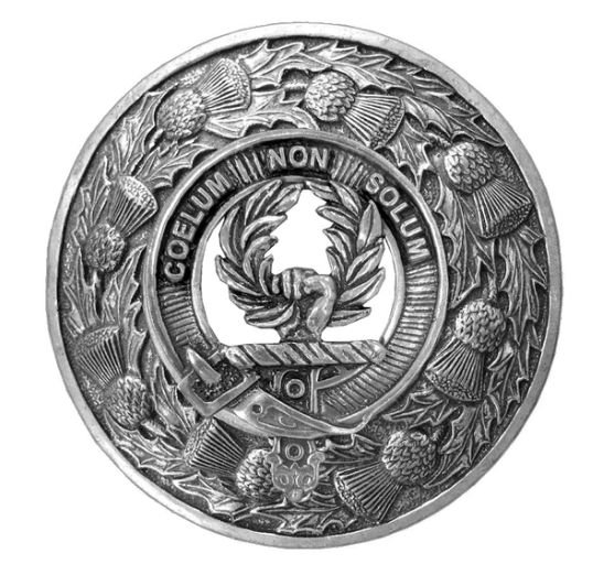 Image 1 of Stevenson Clan Crest Thistle Round Stylish Pewter Clan Badge Plaid Brooch