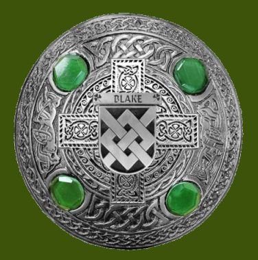 Image 0 of Blake Irish Coat Of Arms Celtic Round Green Stones Pewter Plaid Brooch