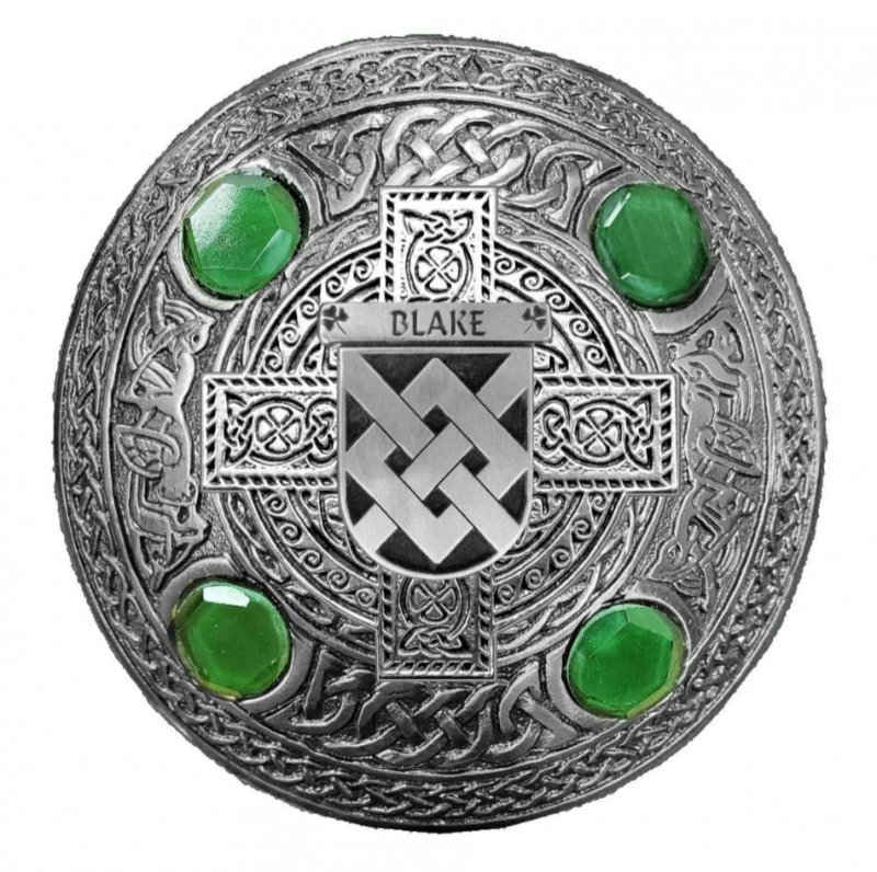 Image 1 of Blake Irish Coat Of Arms Celtic Round Green Stones Pewter Plaid Brooch