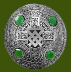 Blake Irish Coat Of Arms Celtic Round Green Stones Pewter Plaid Brooch