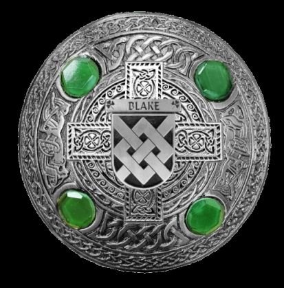 Image 0 of Blake Irish Coat Of Arms Celtic Round Green Stones Silver Plaid Brooch