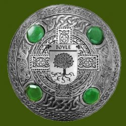 Boyle Irish Coat Of Arms Celtic Round Green Stones Pewter Plaid Brooch
