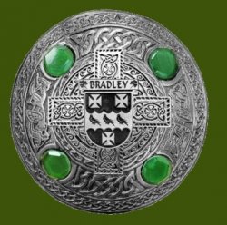 Bradley Irish Coat Of Arms Celtic Round Green Stones Pewter Plaid Brooch