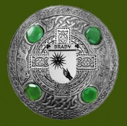 Brady Irish Coat Of Arms Celtic Round Green Stones Pewter Plaid Brooch