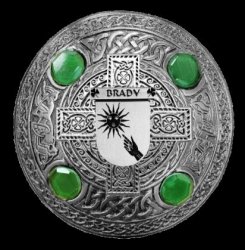 Brady Irish Coat Of Arms Celtic Round Green Stones Silver Plaid Brooch