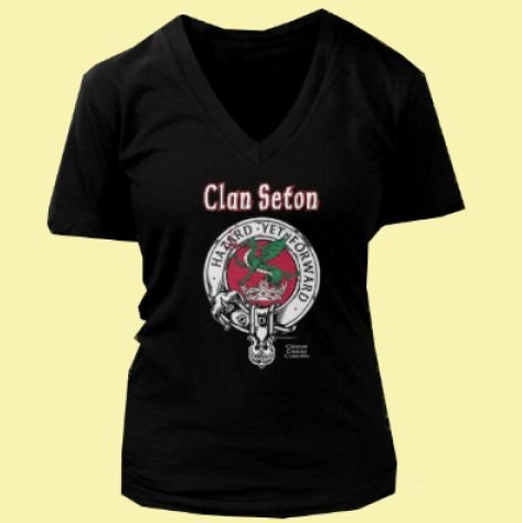 Image 2 of Abercrombie Clan Badge Clan Crest Adult Ladies V-Neck Black Cotton T-Shirt