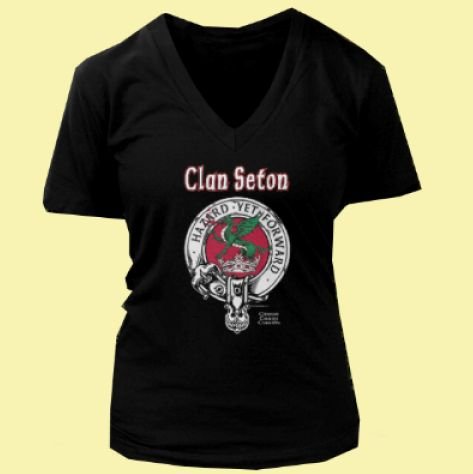 Image 2 of Seton Clan Badge Clan Crest Adult Ladies V-Neck Black Cotton T-Shirt