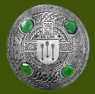 Image 0 of McCaw Irish Coat Of Arms Celtic Round Green Stones Pewter Plaid Brooch