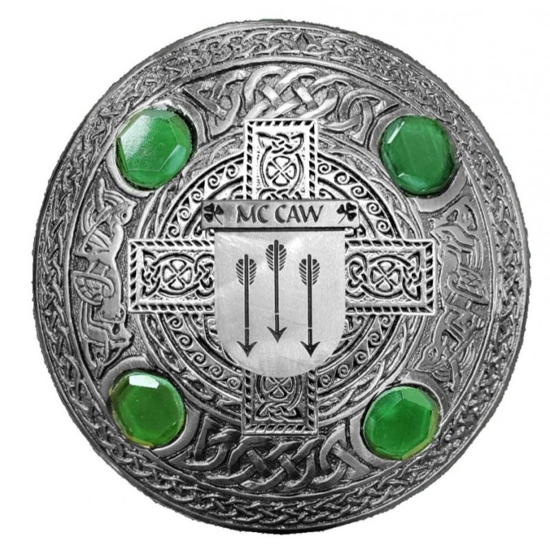 Image 1 of McCaw Irish Coat Of Arms Celtic Round Green Stones Pewter Plaid Brooch